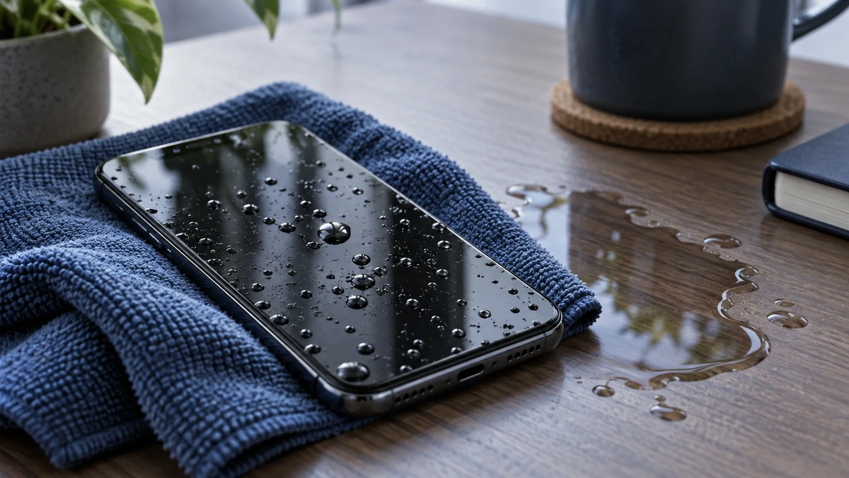 Celular desligado com gotas de água sobre um pano seco