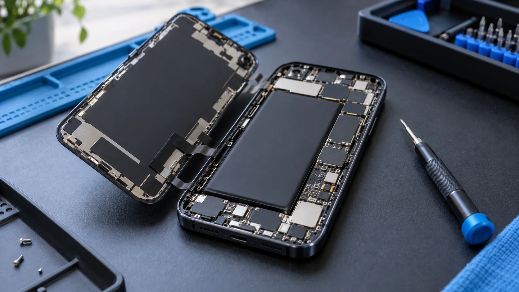 Celular aberto com bateria e componentes internos na bancada de reparo