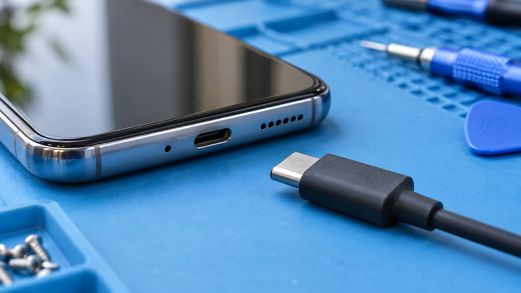 Entrada USB-C de celular e cabo de carregamento desconectado