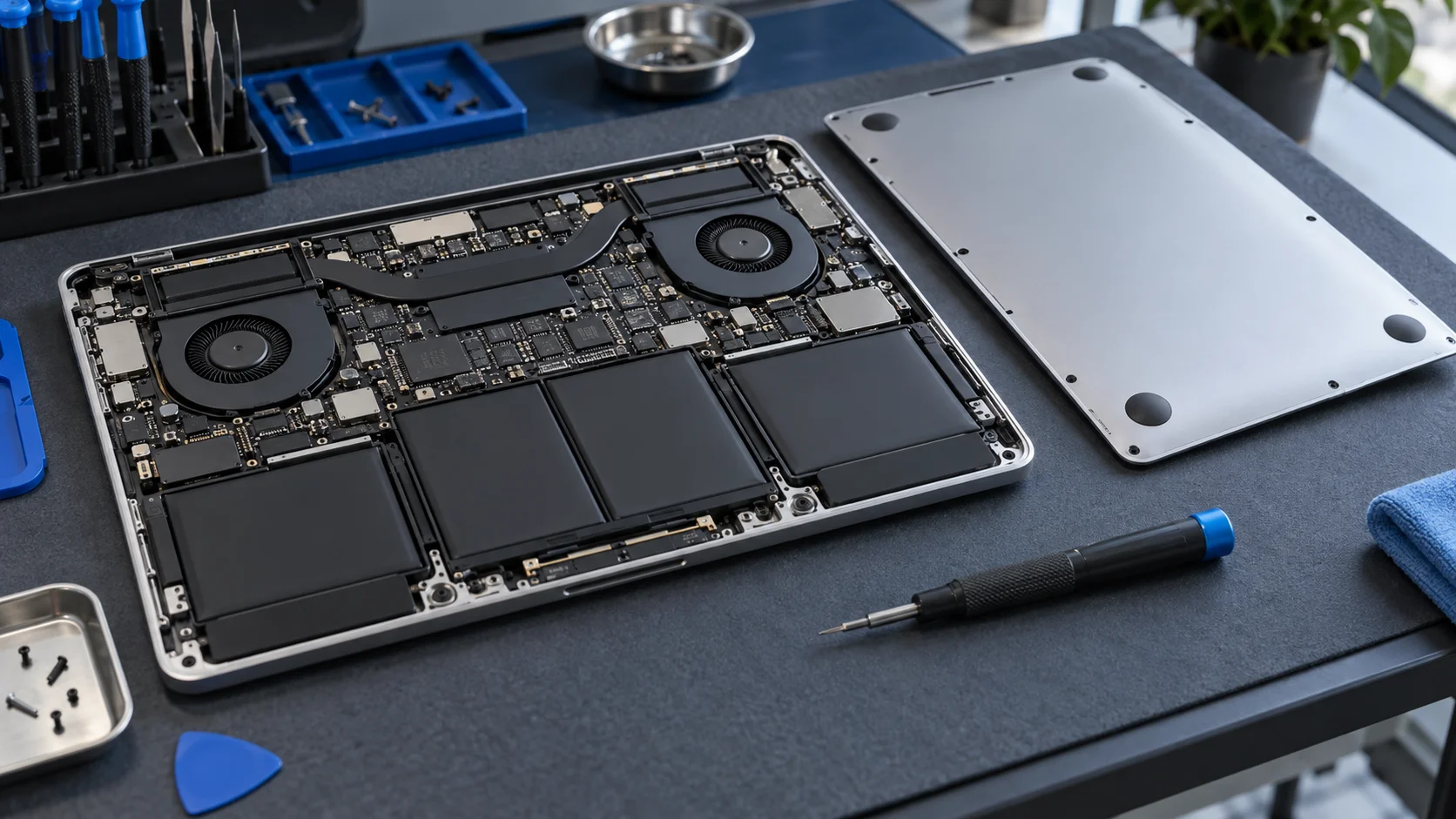 Notebook aberto com bateria, ventoinhas e placa interna visíveis