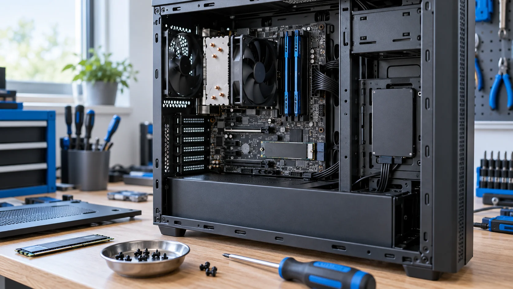 Computador aberto com placa-mãe, memória e cooler na bancada