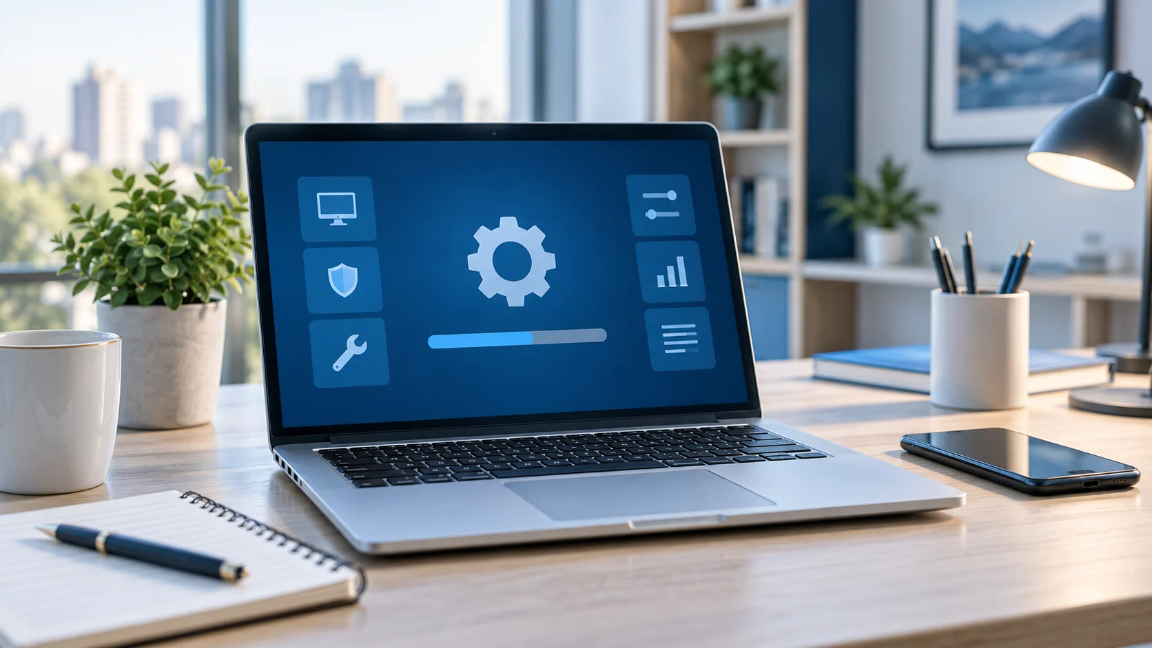 Notebook com ilustração de configuração e manutenção do sistema