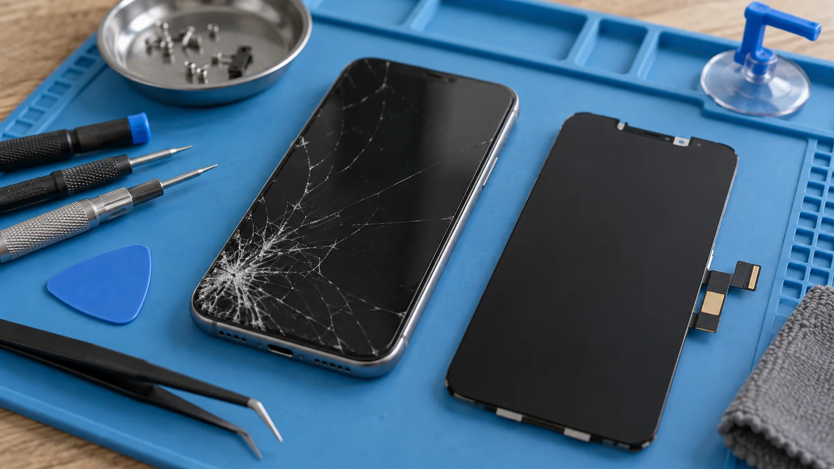 Celular com vidro quebrado ao lado de uma tela de reposição